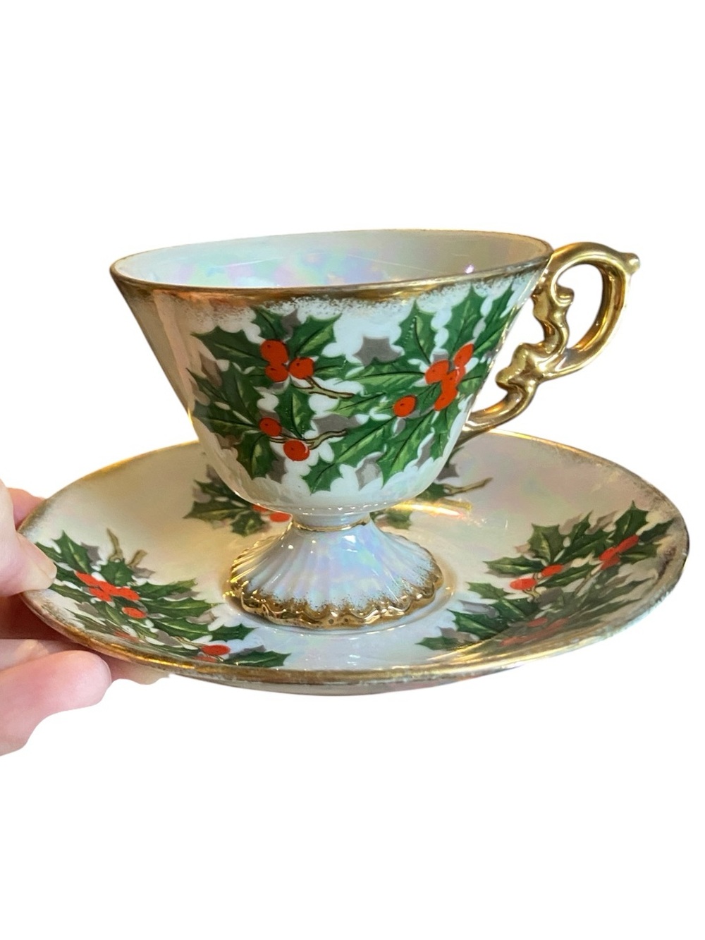 December Holly Lusterware Teacup and Saucer Set made in Japan during the 1950s.